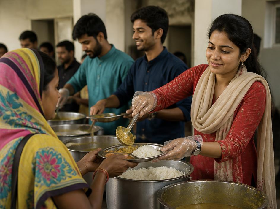 सामुदायिक रसोई में भोजन वितरण