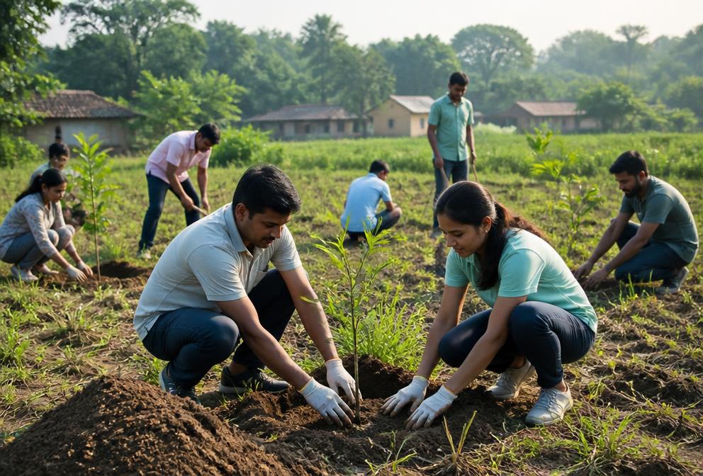 गाँव में वृक्षारोपण करते स्वयंसेवक