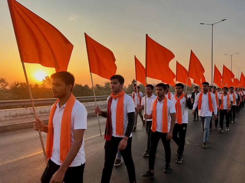 केसरिया ध्वज के साथ युवा कार्यकर्ता